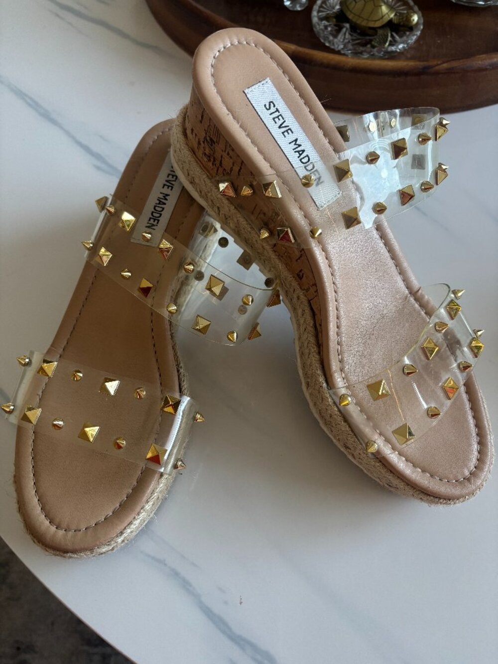 Gold Stud Steve Madden Clear Arabella Platform Wedge Sandals